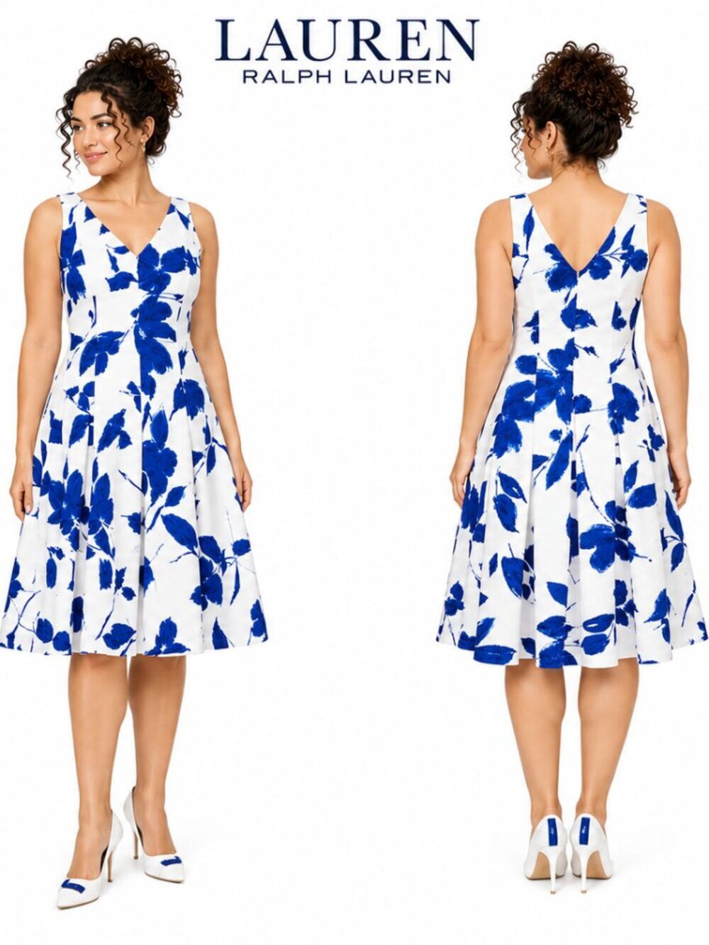 Lauren Ralph Lauren Blue White Floral V-Neck Fit Flare Midi Dress Womens 2